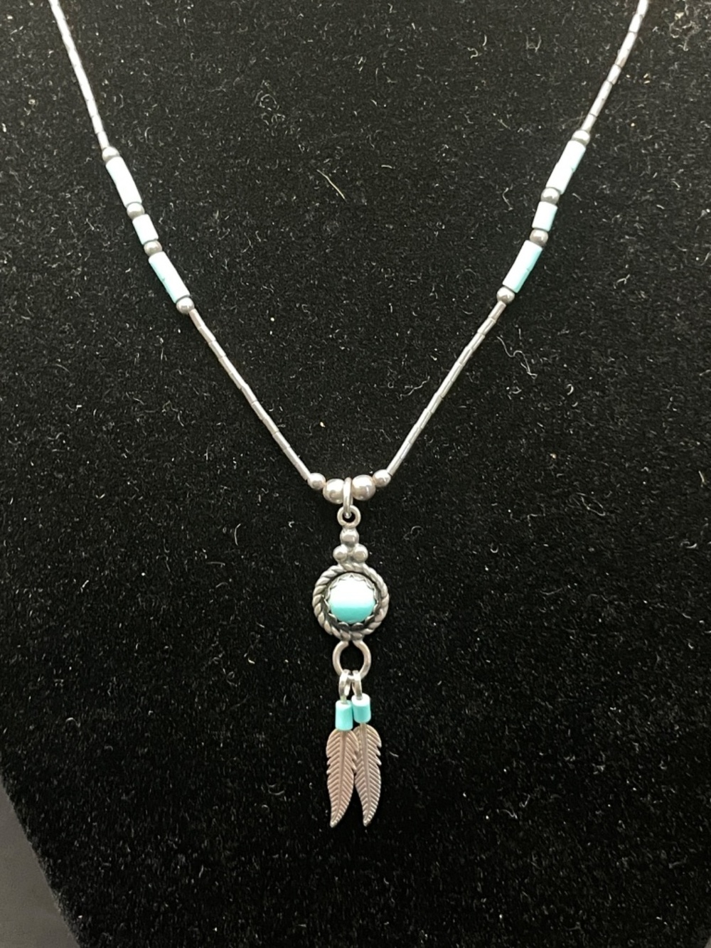 Vintage Native American Sterling Turquoise Feather Pendant Necklace